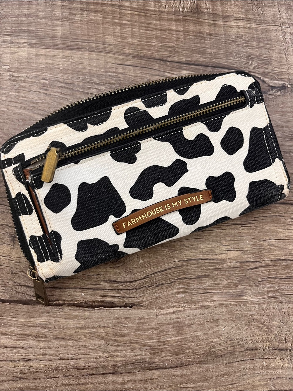 Farmhouse Is My Style Cow Print Zip Wallet - Black & White